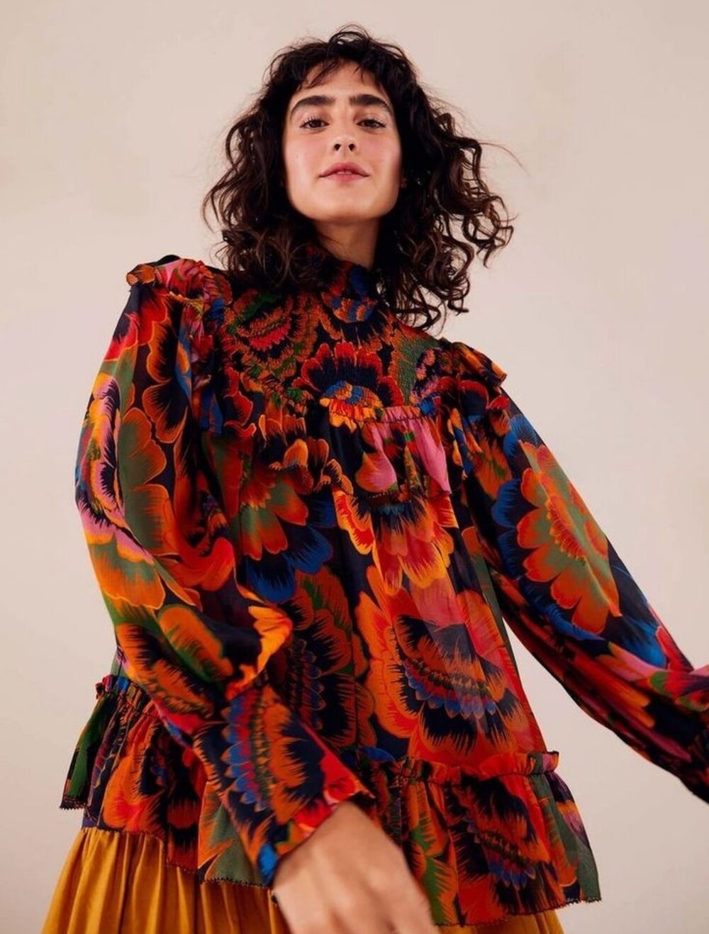 FARM RIO Colorful Flowers Smocked Ruffle Trim Long Sleeve Blouse Top XS Boho